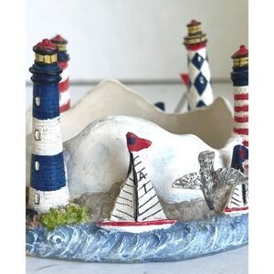 Nautical Pillar Candle Holder Lighthouses Sailboat Flying Birds Beach core Resin